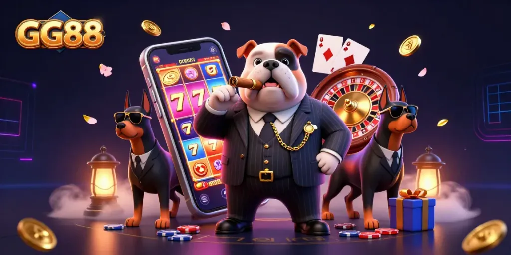 Experience thrilling gameplay with GG88 in this vibrant 3D casino scene featuring slot machines and poker action.