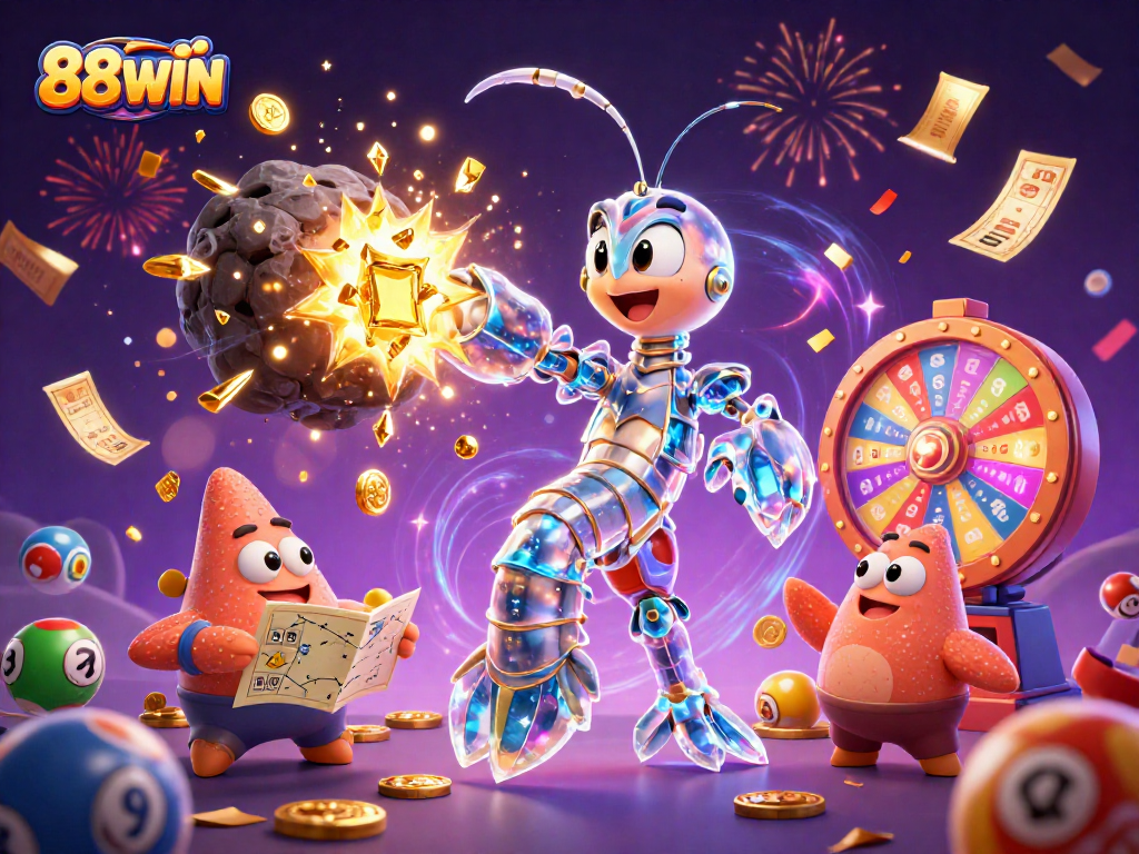Experience dynamic winnings at 88WIN with a vibrant illustration of galactic characters and lottery elements.