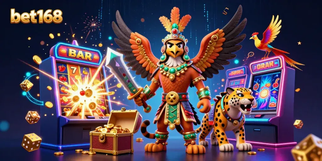 Experience thrilling wins at bet168 with Aztec warriors amidst exploding jackpots and colorful gaming excitement.