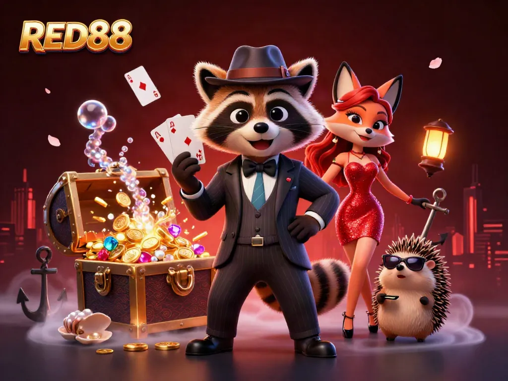 Experience RED88's thrilling betting atmosphere with a raccoon, fox, and hedgehog in a dynamic casino scene.