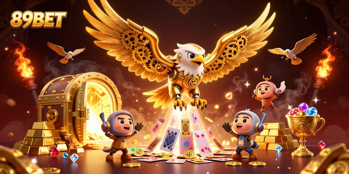Engaging 89BET scene showcasing the golden eagle soaring through holographic cards in a vibrant casino atmosphere.