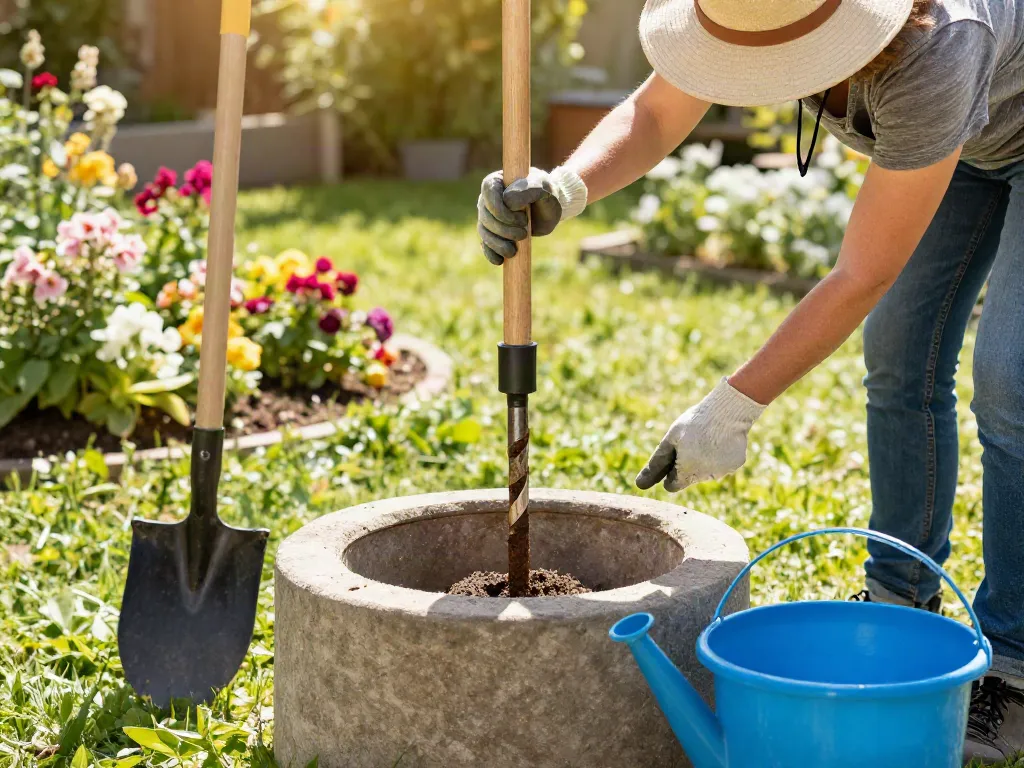 Brunnenbohren im Garten mit Werkzeug und blühenden Pflanzen
