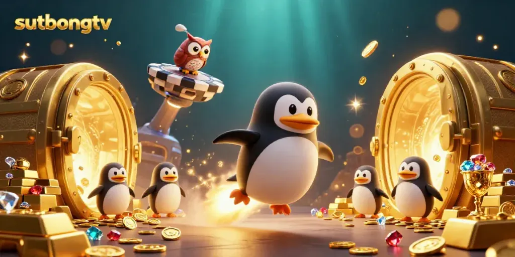Experience engaging entertainment with sutbongtv, featuring a gold penguin in a dynamic casino setting.