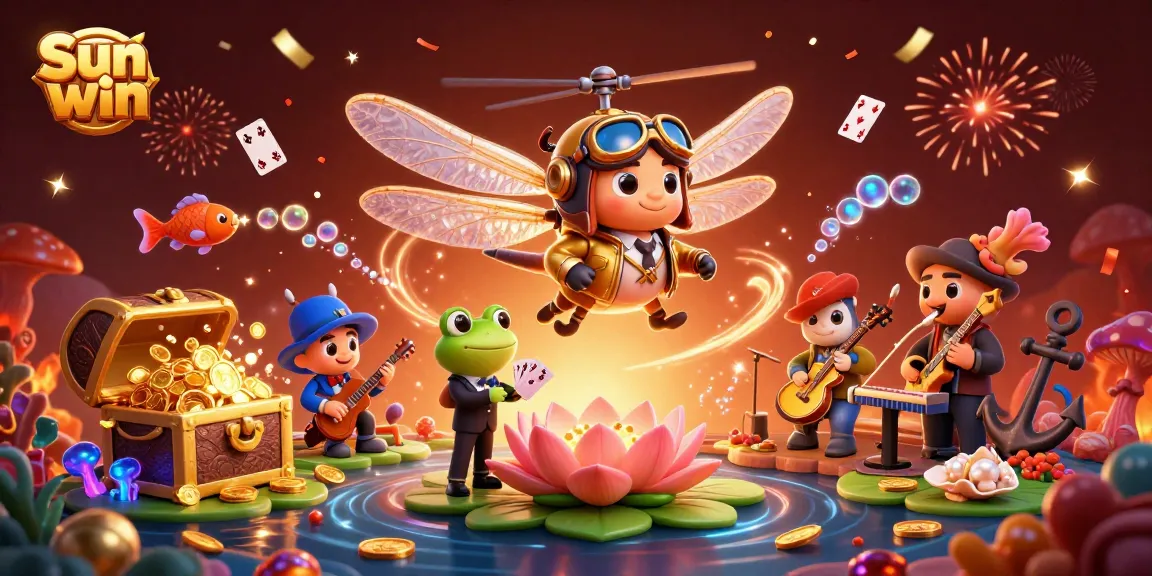 Engage with Sun win at a vibrant lily pad casino scene with dynamic gaming elements.