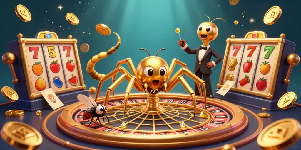 Spin the winning tk88 slots with a golden spider and a centipede croupier in a vibrant casino scene.
