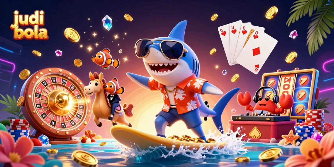 Engage in judi bola with thrilling bets as a shark surfs on gold coins, surrounded by vibrant casino elements.