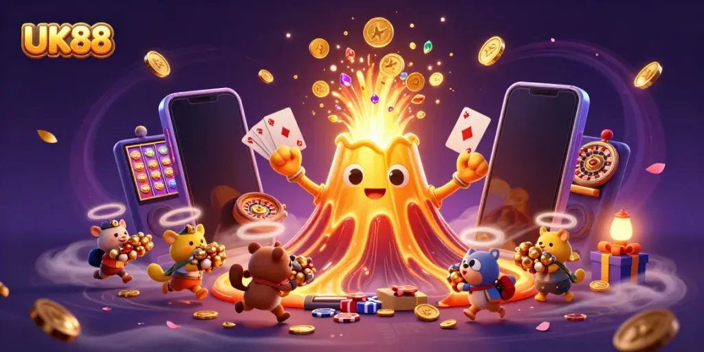 Experience the thrill of UK88 as golden treasures erupt from a majestic volcano in this dynamic casino scene.