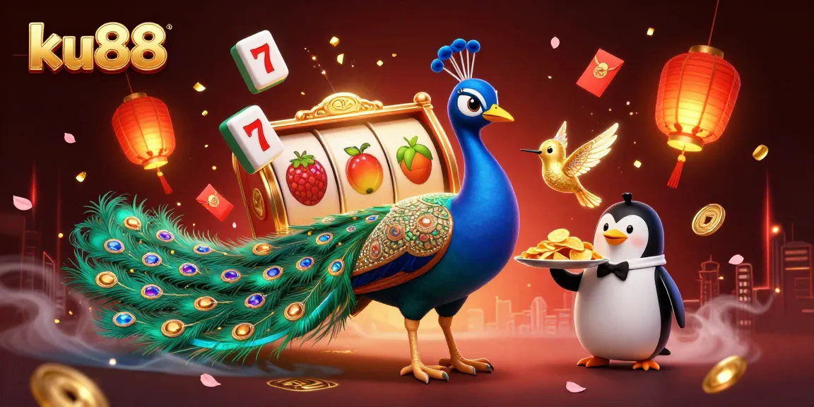 Kinetic ku88 scene featuring a peacock, penguin, and hummingbird with vibrant casino elements.