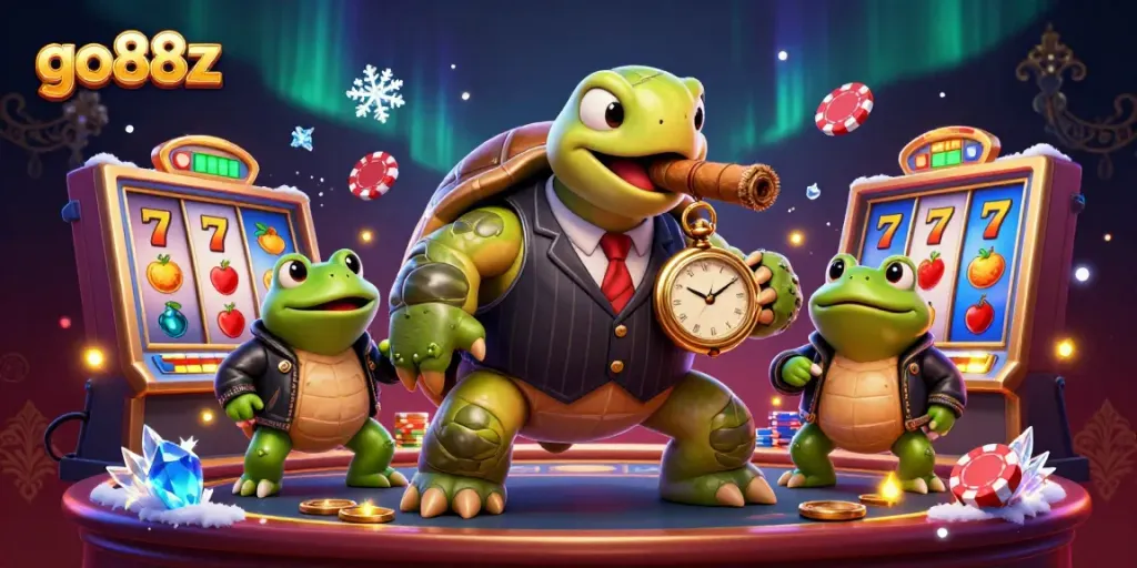Experience thrilling gameplay at go88z with a cartoon turtle and bullfrogs in a vibrant casino scene.