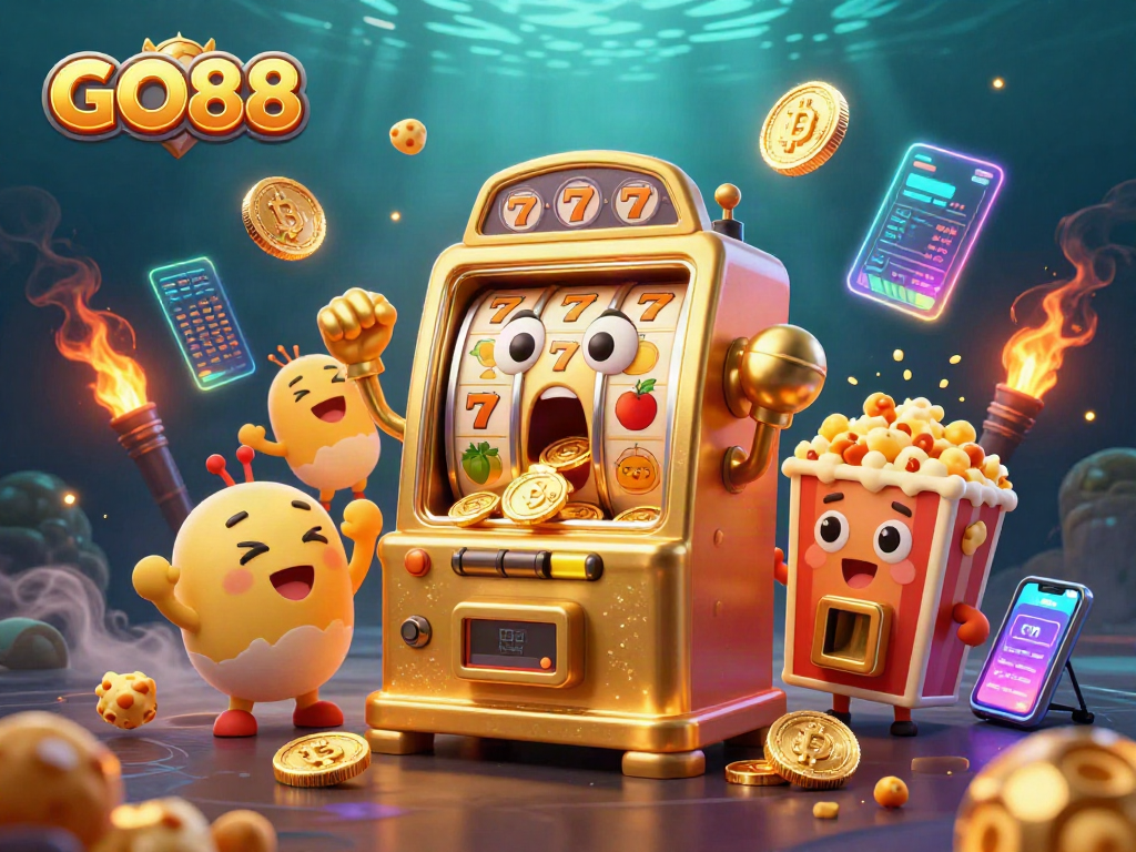 GO88 slot machine winning jackpot as golden coins pour out, creating an exciting casino scene.