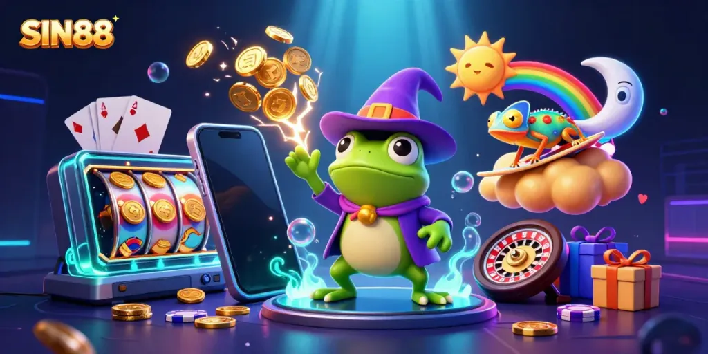SIN88 showcases a vibrant 3D scene with a weather wizard frog and a chameleon amidst a storm of golden coins, emphasizing gaming excitement.