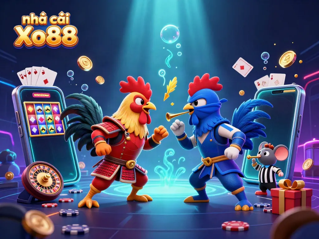 Engage with Nhà cái Xo88 featuring a dynamic battle between cartoon roosters amid vibrant casino games and lively elements.