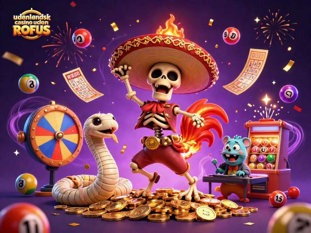 Engaging scene of a skeleton mariachi rooster celebrating on golden coins at an udenlandsk casino uden ROFUS.