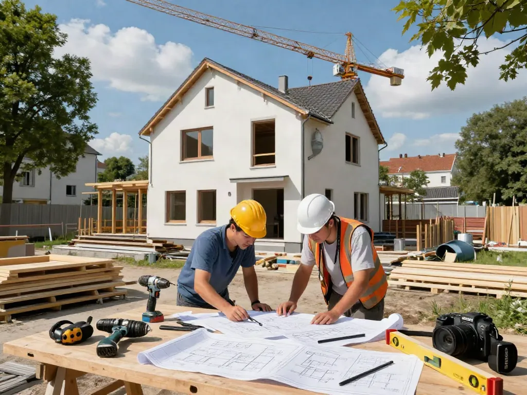 Haus Bau Wien, modernes Bauprojekt in Wien mit Handwerkern und Baustellenmaterialien