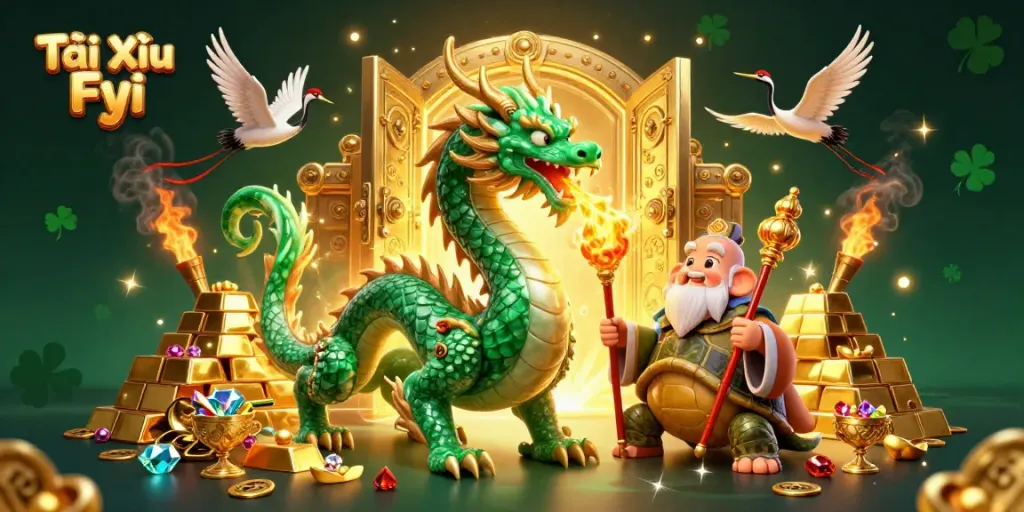 Tài Xỉu Fyi showcases a vibrant scene with a jade dragon and enchanting treasures in an online casino.