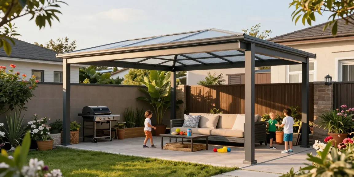 Moderne freistehende Terrassenüberdachung in einem einladenden Garten mit Familie, die den sonnigen Tag genießt.