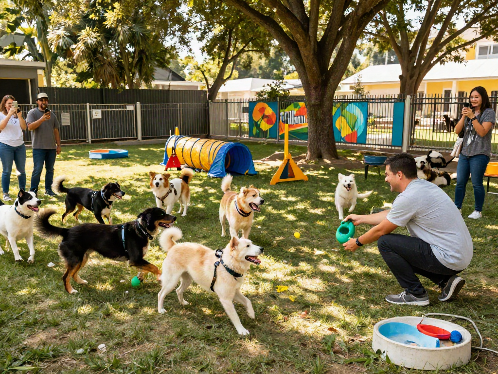 Happy dogs playing fetch in a lively daycare setting, showcasing depo 10k activities.