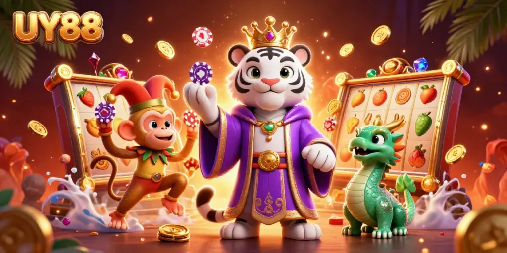 Experience thrilling slots action with UY88 in a vibrant 3D casino setting.