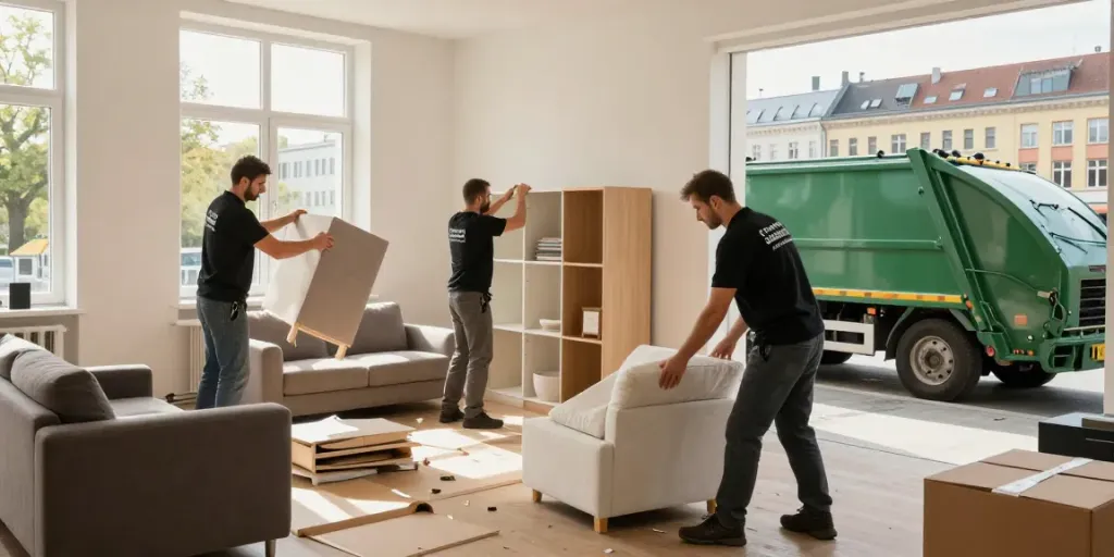 Professionelles Entrümpeln in Berlin mit einem Team, das Möbel aus einer Wohnung entfernt.