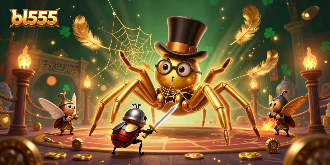 Engage with thrilling gameplay at bl555 as a golden tarantula weaves excitement in a lively casino scene.