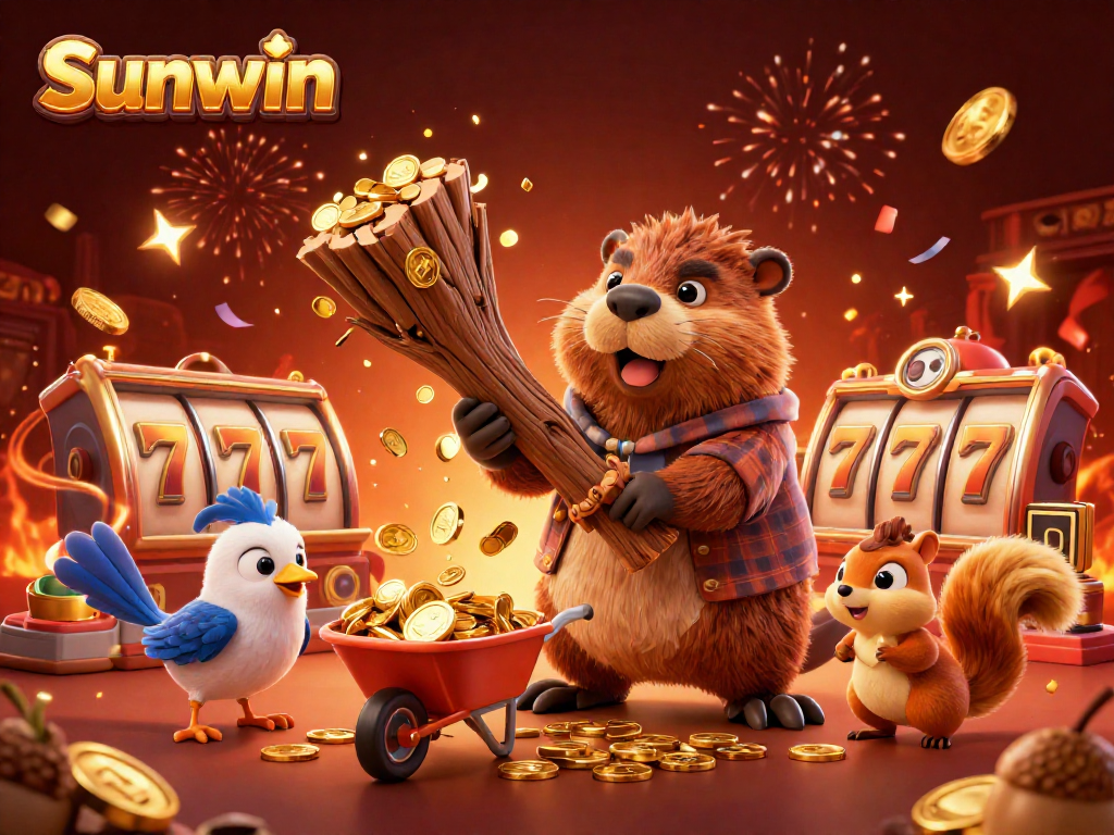 Experience winning moments with Sunwin in a dynamic casino-themed illustration featuring vibrant celebrations.
