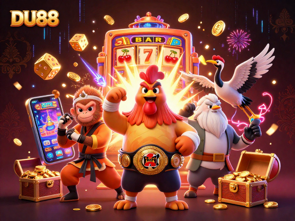 Experience DU88's thrilling casino adventure with vibrant characters and game elements bursting into action.