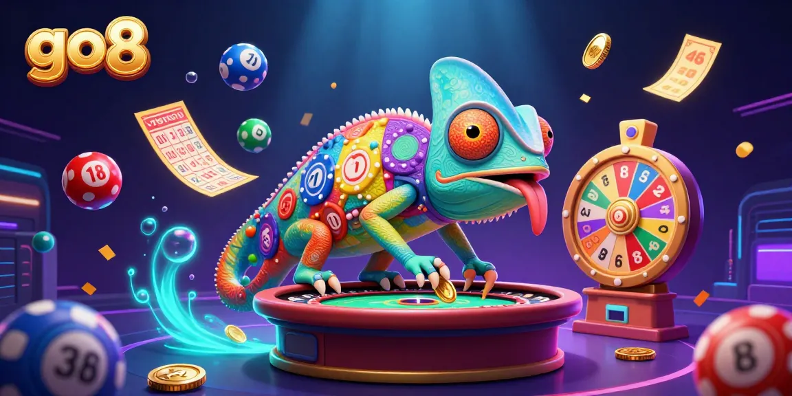 Experience go8's vibrant gaming world with a chameleon casino owner amidst dynamic lottery excitement.