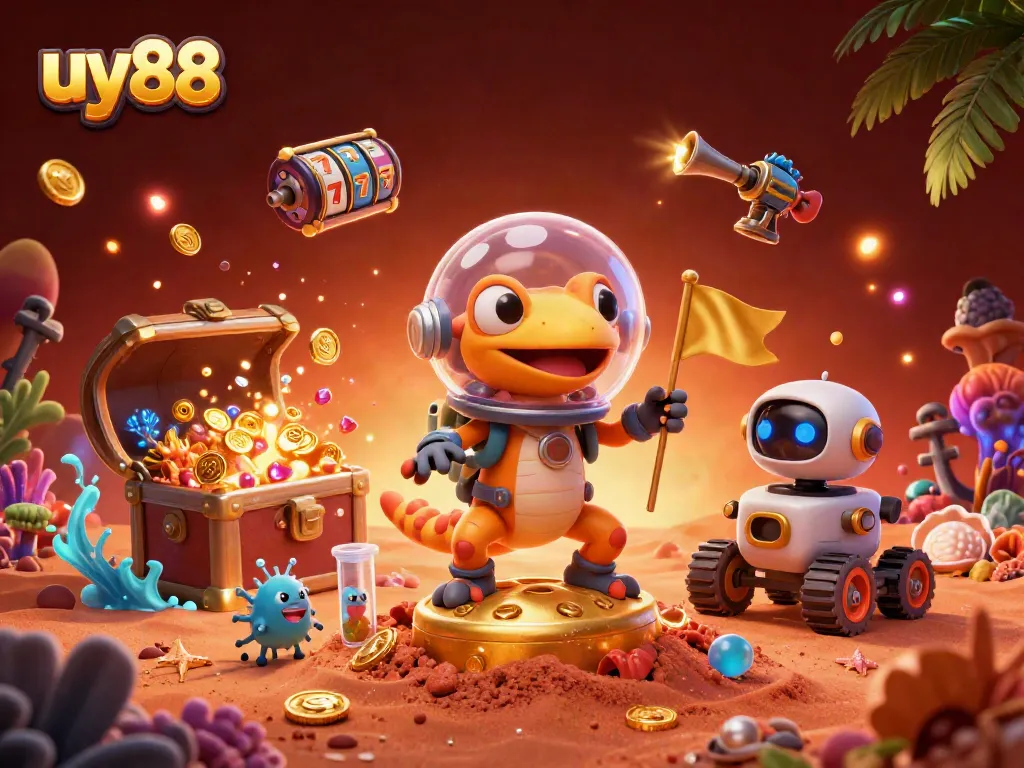 Spin the lucky reels at uy88's vibrant 3D casino illustration packed with treasures and excitement!