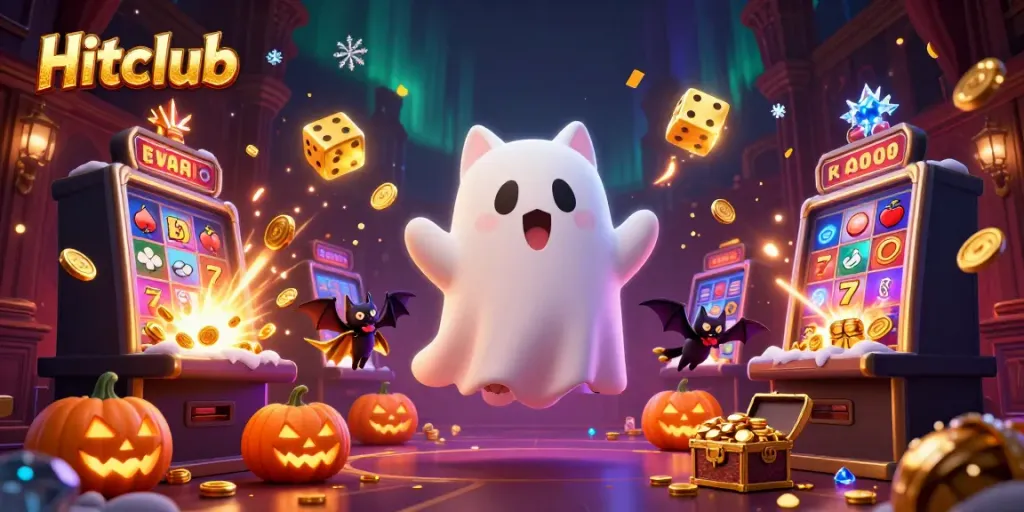 Hitclub's lively scene capturing a ghost cat and bat companion enjoying vibrant slot games amid glowing poker pumpkins.