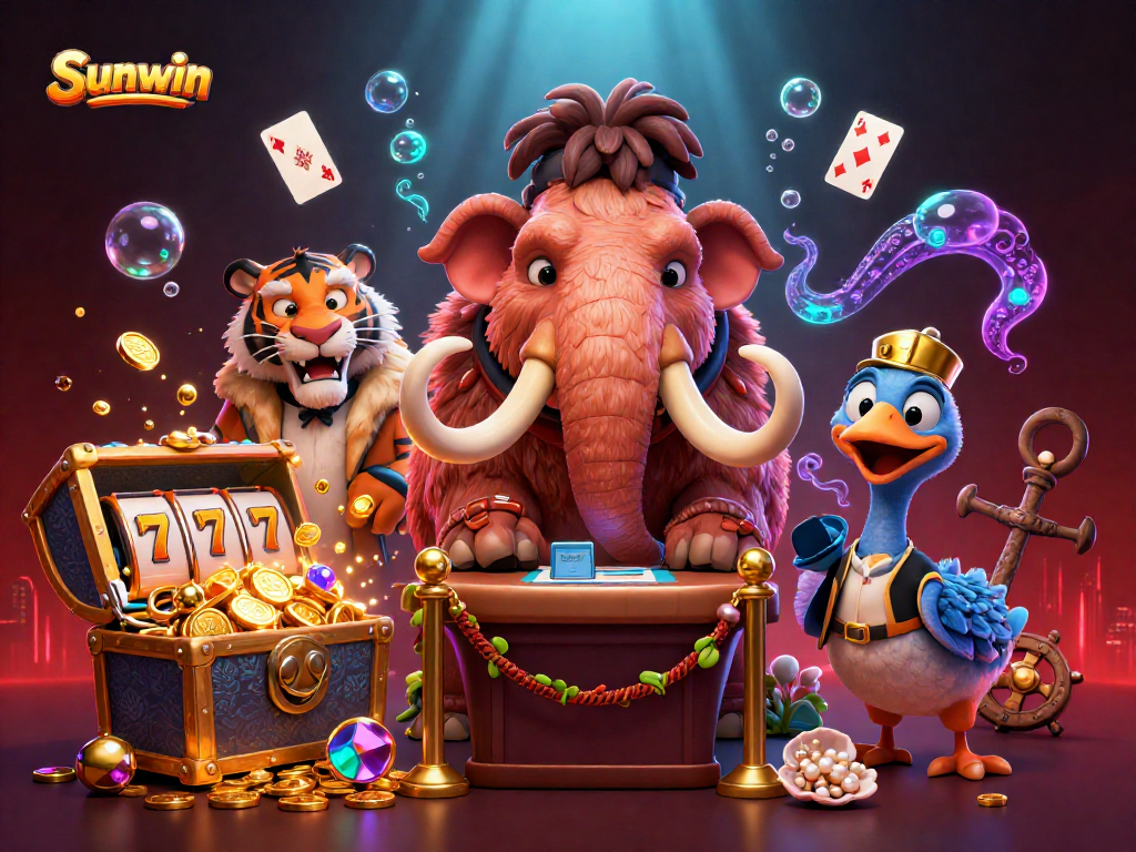 Experience the vibrant world of Sunwin with casino-themed characters and dynamic slot elements in this stunning scene.