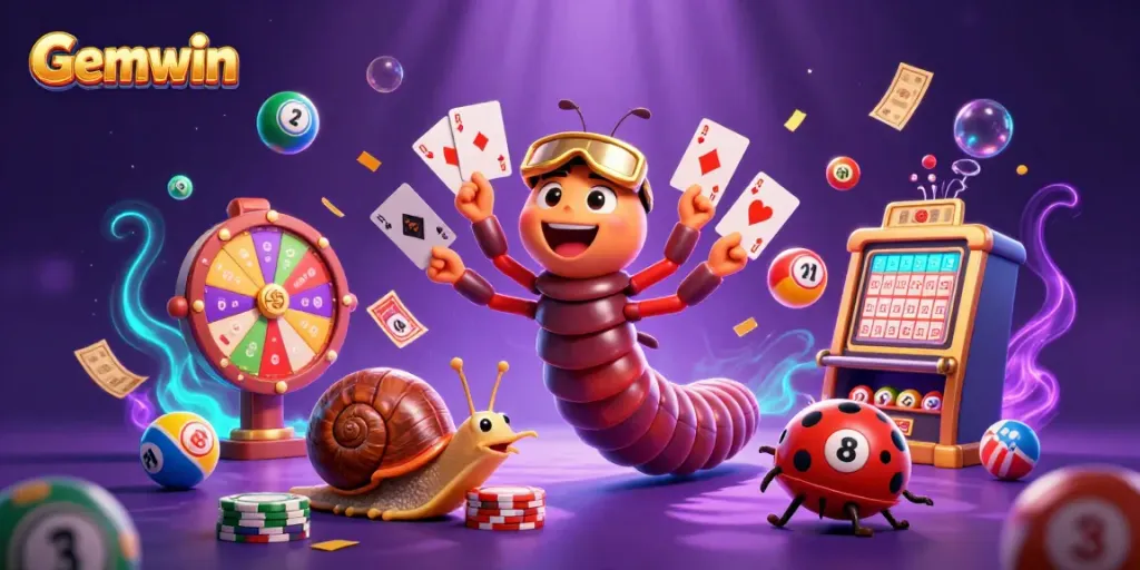 Join the excitement of Gemwin with a lively casino illustration featuring unique characters and vibrant elements.