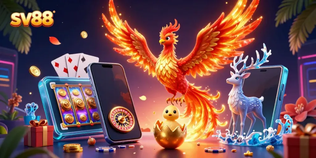 Engage with SV88's thrilling casino games featuring a vibrant phoenix and mystical stag amidst dynamic gaming elements.