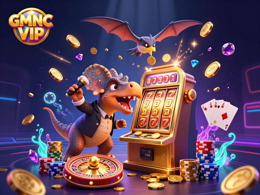 GMNC VIP showcases a vibrant scene of a cartoon dinosaur activating a golden slot machine amidst flying coins.