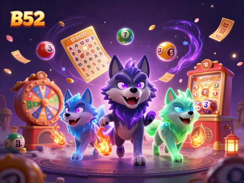 B52 transforms players' luck with vibrant lottery balls and a dynamic wolf scene for thrilling gameplay.