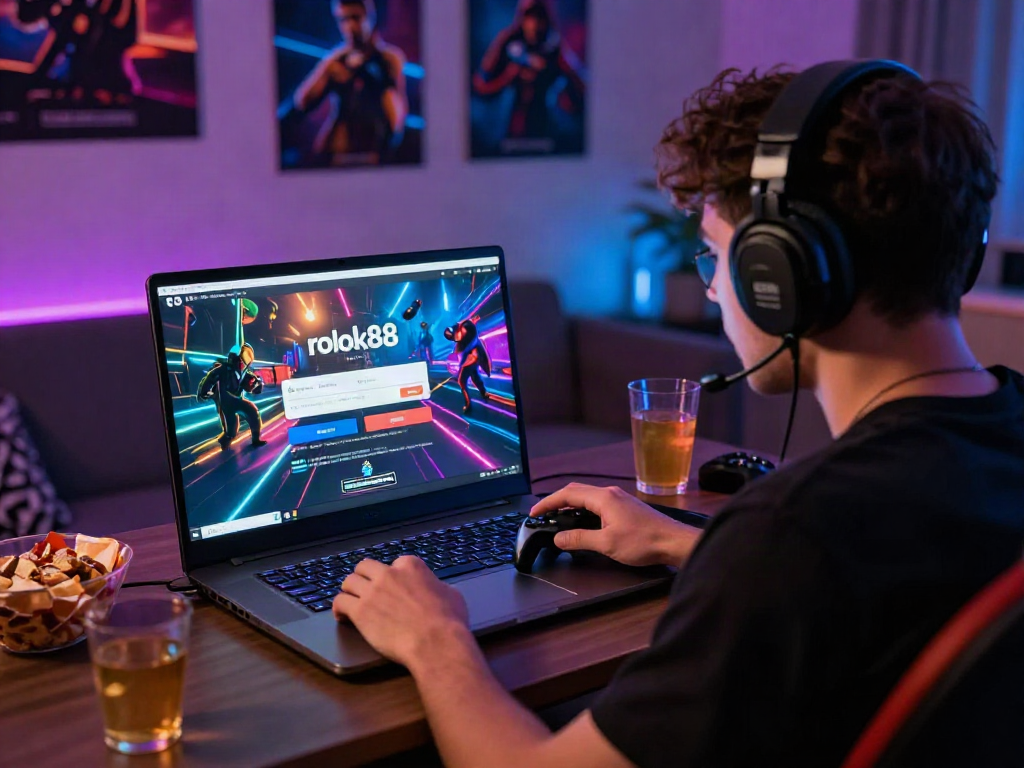 Player engaged with rokok88 login on laptop in a vibrant gaming setup, showcasing excitement and immersion.