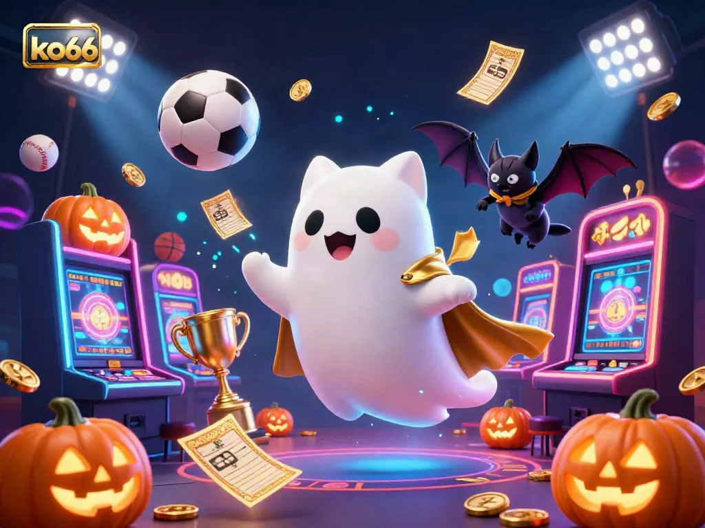 Engage in thrilling casino adventure with ko66, featuring a friendly ghost cat and animated sports elements.
