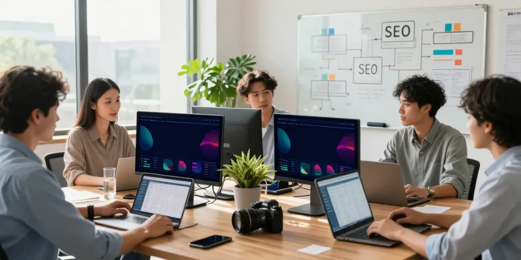 Professionelles Team der SEO Agentur Heilbronn bei der Zusammenarbeit an digitalen Marketingstrategien.