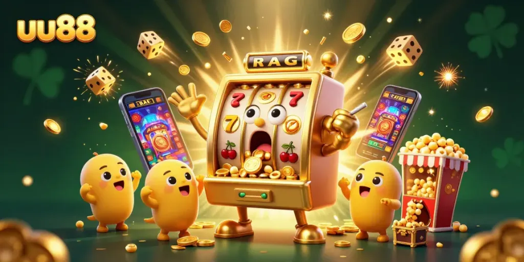 Spin to win with uu88 as a golden slot machine hits a jackpot, coins pouring out.