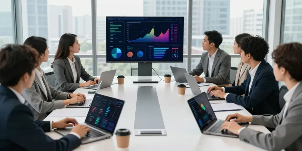 Reunião de negócios sobre bpinetempresas em um escritório moderno com equipe colaborativa.