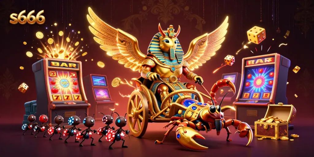 Experience the thrill of s666 casino with a dynamic 3D illustration featuring a golden scarab beetle and a jackpot slot!