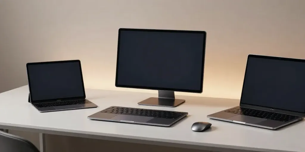 Moderne Arbeitsplatz mit innovativen Gadgets, einschließlich Smartphone und Laptop, in einer minimalistischen Umgebung.