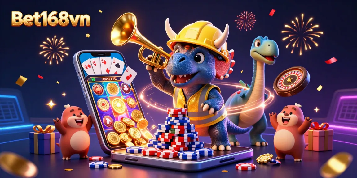 Experience Bet168vn's thrilling gambling scene filled with poker chips, gold coins, and vibrant celebrations.