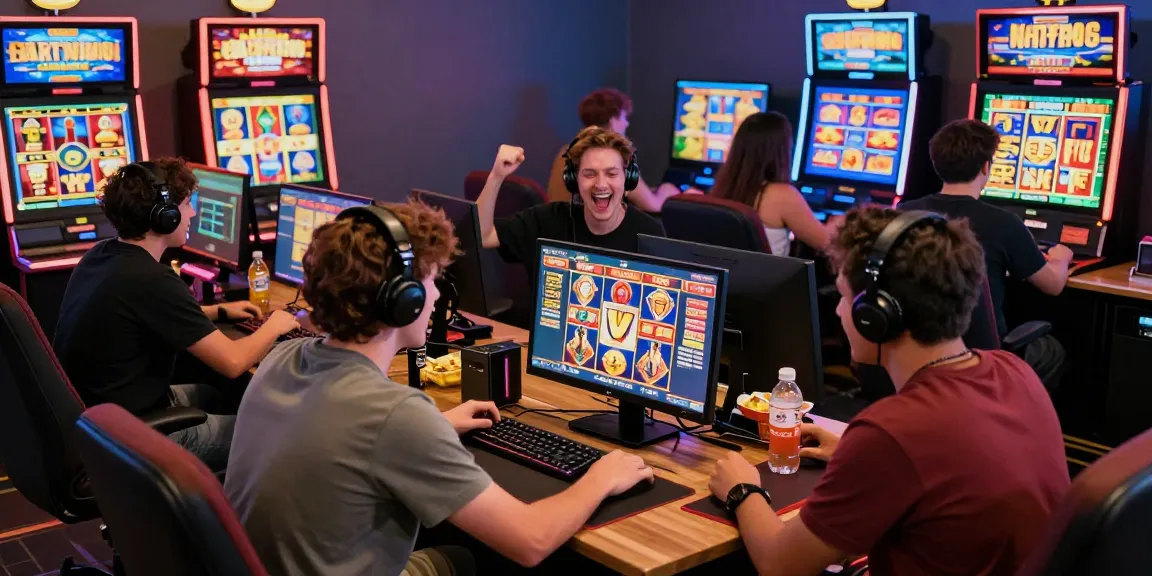 CICAKWIN players celebrating wins in a vibrant online gaming environment with slot machines and modern devices.