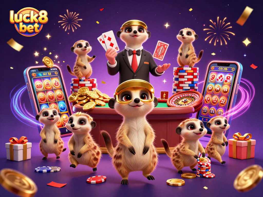 Engage in thrilling luck8 bet casino action with meerkats amid vibrant symbols and festive energy.