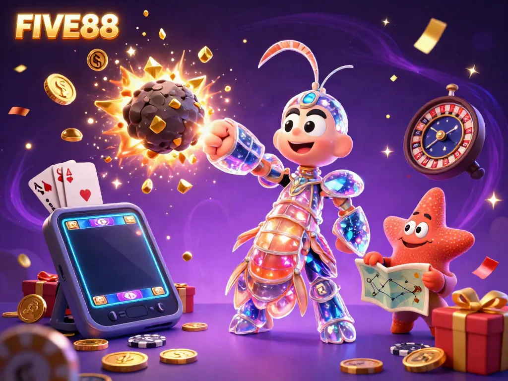 Experience the excitement at FIVE88 with a galactic samurai amidst exploding gems and vibrant casino elements.