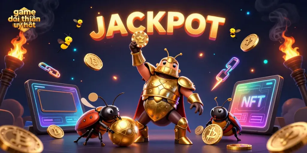 Engage with the game đổi thưởng uy tín scene showcasing a victorious beetle lifting a poker chip amidst vibrant casino elements.