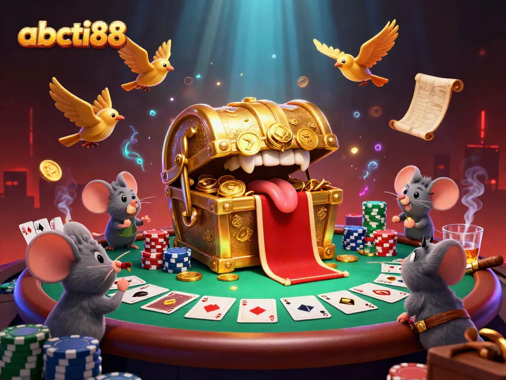Experience thrilling rewards at abcti88 with a golden treasure chest mimic enticing adventurer mice amidst a dynamic casino scene.