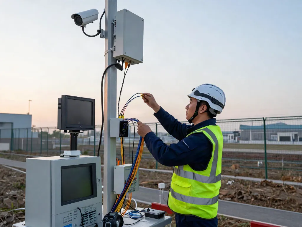 Faseroptischer Perimeterschutz bei Installation mit Technikern in kritischer Infrastruktur.