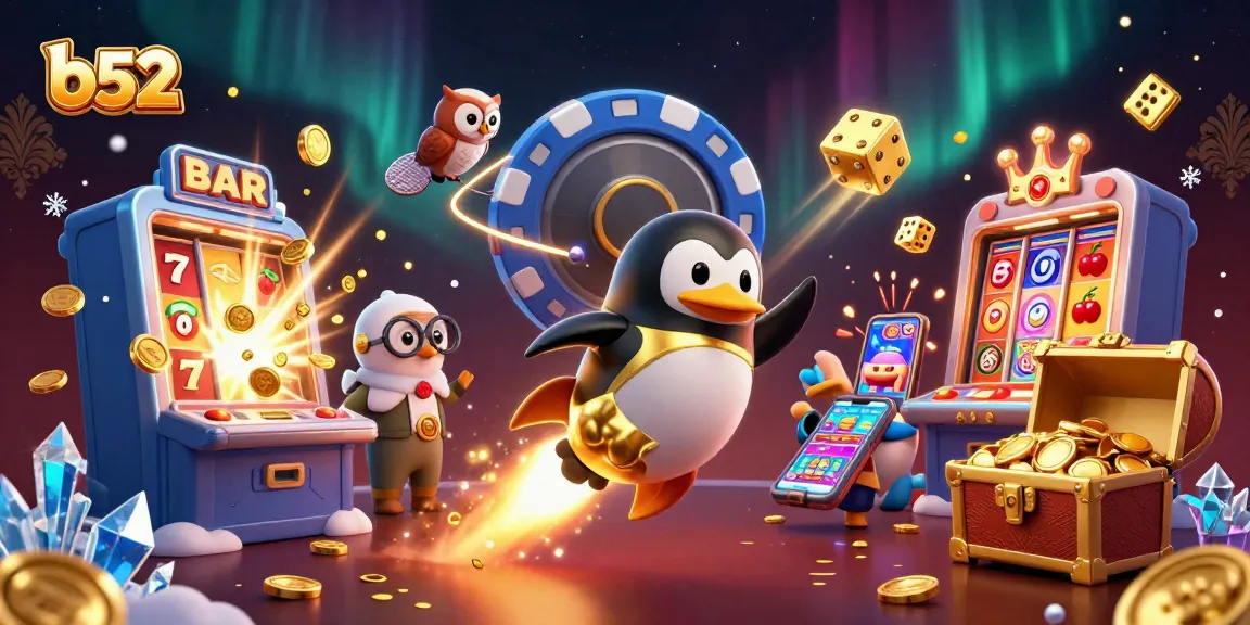 Spin with the b52 golden penguin amidst a dynamic casino scene bursting with jackpots.