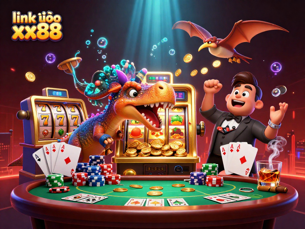 Win jackpots with "link vào xx88" in lively casino scene of dinosaurs and slot machines.